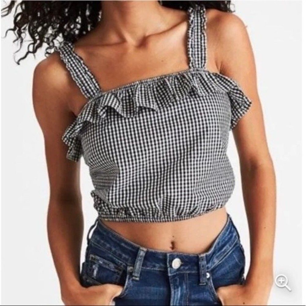 American Eagle Gingham Cropped Ruffle Sleeve Sleeveless Top Black&White New M